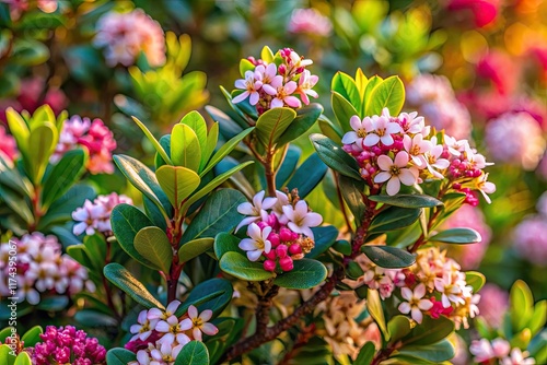 Sardinia's Cagliari Botanical Garden showcases vibrant Indian Hawthorn, a photographer's dream. photo