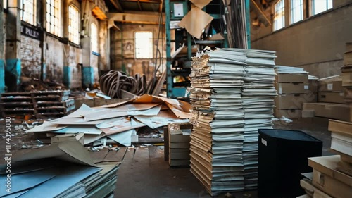 Cluttered Industrial Warehouse Stacks of Paper, Cardboard, and Debris Create Disorganized Atmosphere with Light Filtering Through Windows