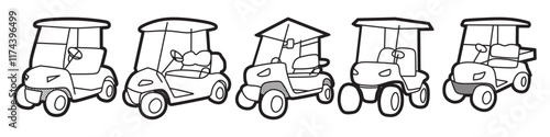 five black and white striped images, golf cart angle view