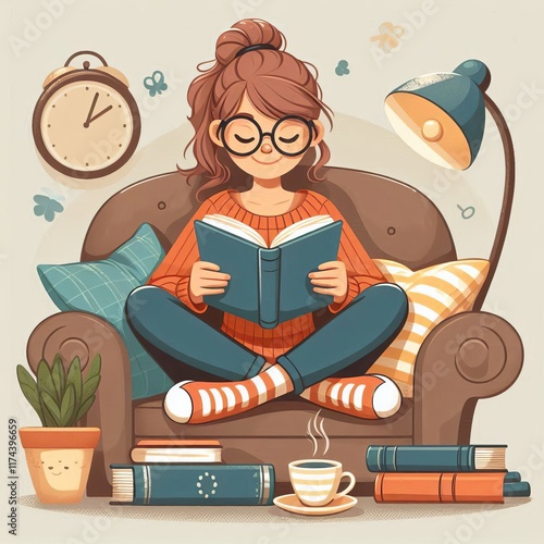 Bookworm A young adult with glasses reading a book and sitting c