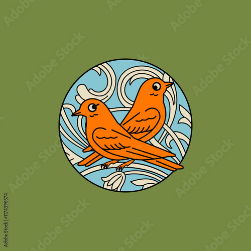 A couple of birds illustration vector with vintage, classic, tendrils plant ornament. Illustration of two birds with classic pastel color palette. Suit for invitation, party, wedding, and food brand.