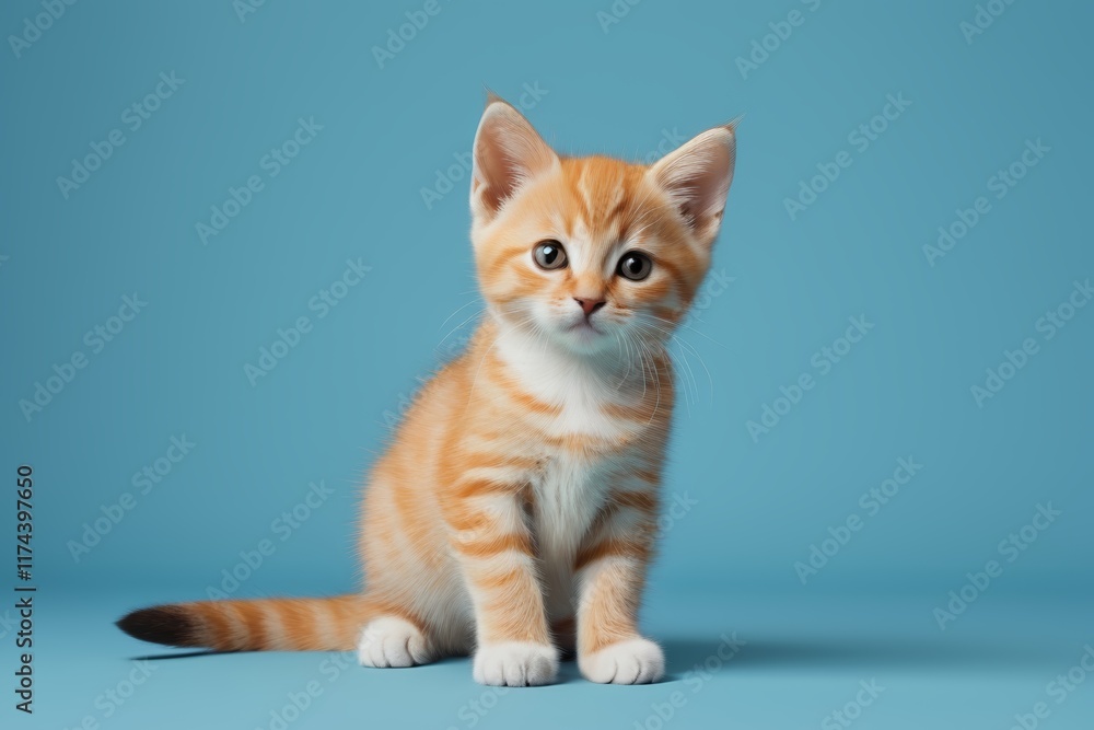 there is a small orange kitten sitting on a blue surface there is a small orange kitten sitting on a blue surface