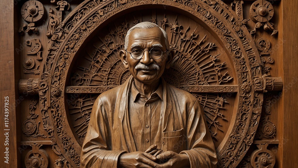 Naklejka premium A bold wooden carving of Mahatma Gandhi, shown spinning thread, surrounded by carved wheels and symbols of Indian independence.