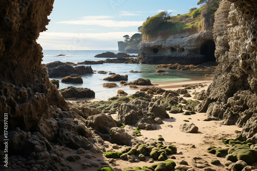 A coastal scene where rocks create pockets of shelter and tide pools, supporting a wide range of ecosystems and habitats photo