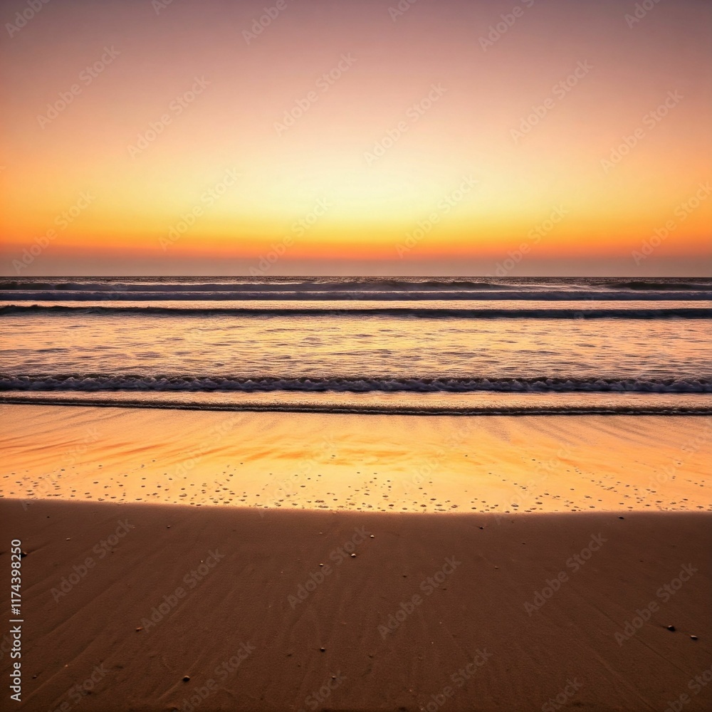 Obraz premium A serene beach background at sunset, with soft waves, golden sand, and a glowing orange-pink sky.