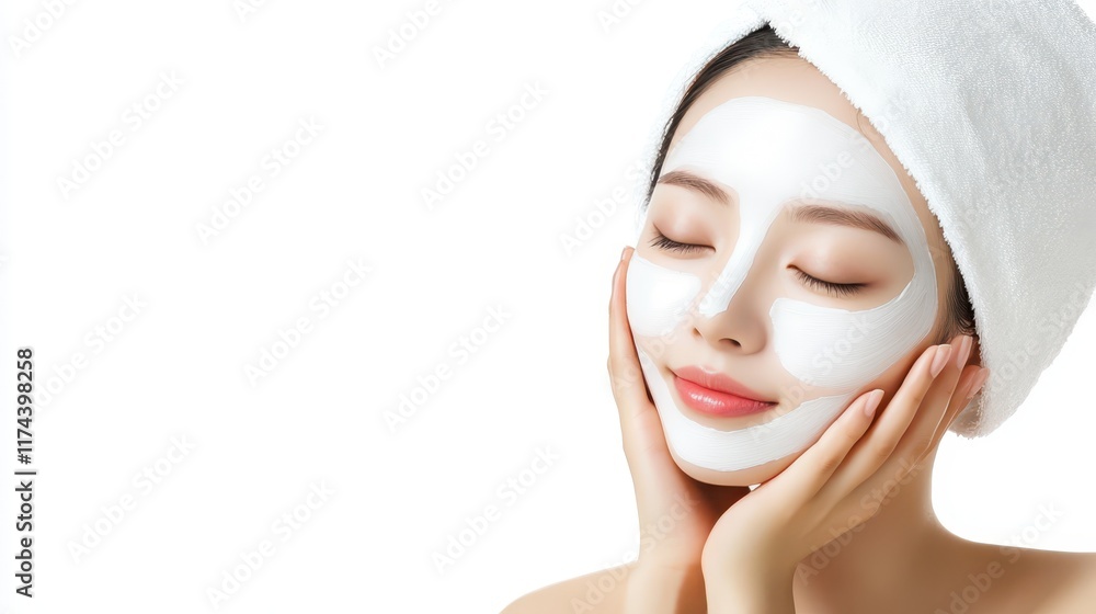 Closeup of woman indulging in a facial treatment, wearing white mask and towel for ultimate relaxation skincare. Closeup of woman indulging in a facial treatment, wearing white mask and towel for ultimate relaxation skincare.