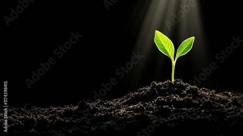 A small green plant is growing in the dirt
