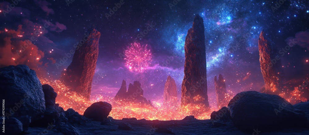 Fototapeta premium Fiery alien landscape with tall rock formations, vibrant nebula, and pink fireworks under a starry night sky.