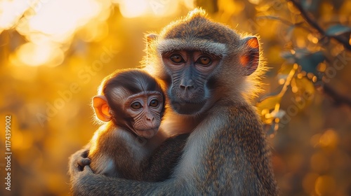 Serene Photo of a Baboon Mother Grooming Her Baby photo