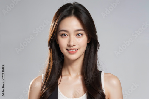 A woman with long hair is smiling and looking at the camera