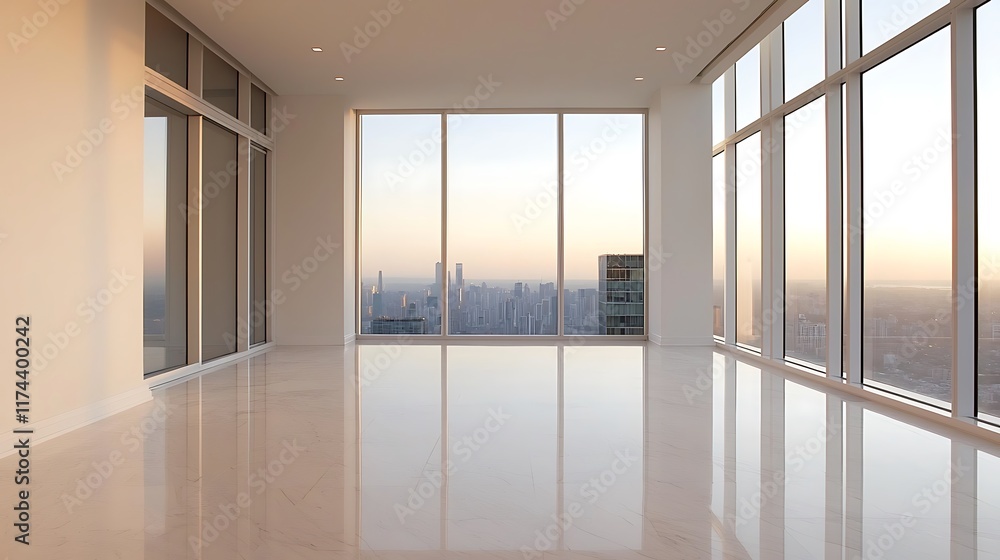 Fototapeta premium A spacious, empty room with floor-to-ceiling windows offering a stunning city view at sunset, featuring polished floors and minimal decor.