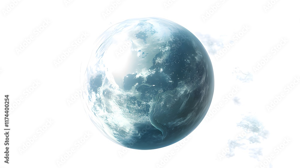 A stylized depiction of a blue and white planet against a bright background. A stylized depiction of a blue and white planet against a bright background.