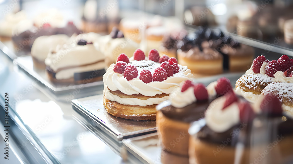 Delicious Raspberry Cakes Displayed In Glass Case Delicious Raspberry Cakes Displayed In Glass Case