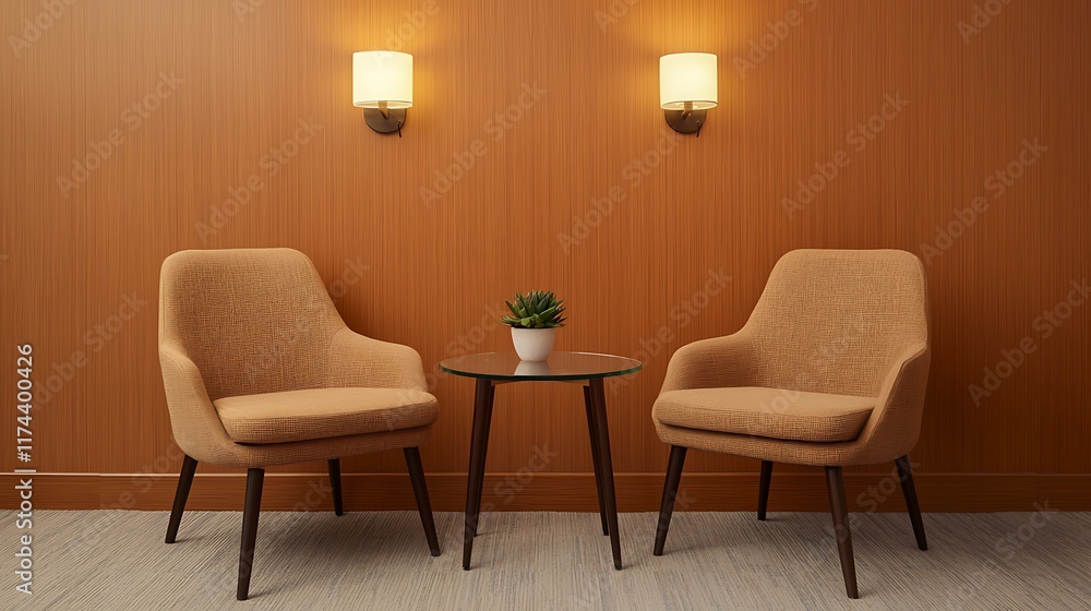 Fototapeta premium A cozy seating area featuring two plush chairs and a small table, complemented by wall-mounted lights and a decorative plant.