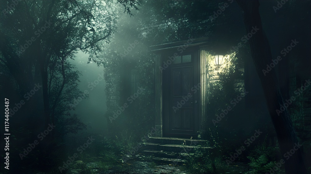 Mysterious Door in a Foggy Forest at Night Mysterious Door in a Foggy Forest at Night