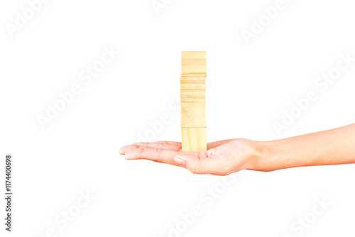 Putting wooden blocks in hand as a higher layer. Concept of progress and growth towards goals. Business concept for successful growth process. PNG photo