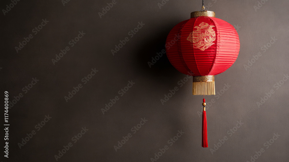 Fototapeta premium Traditional red paper lantern hanging against dark gray wall, chinese culture celebration decorative round light with tassel, festival lunar new year ornament