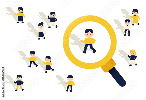 拡大鏡と人々のフラットデザインイラスト ( ベクター背景素材 アイキャッチ 白背景 )	