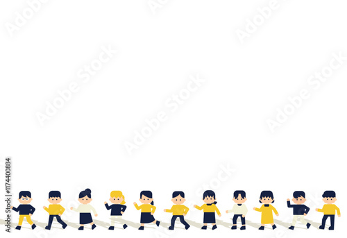 横並びのフラットデザインのキャラクターイラスト　  ( ベクター背景素材 アイキャッチ 白背景 )