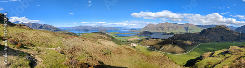 Panorama of Lake Wanaka and surrounding mountains and glaciers pictured from the Diamond Lake conservation area New Zealand photo