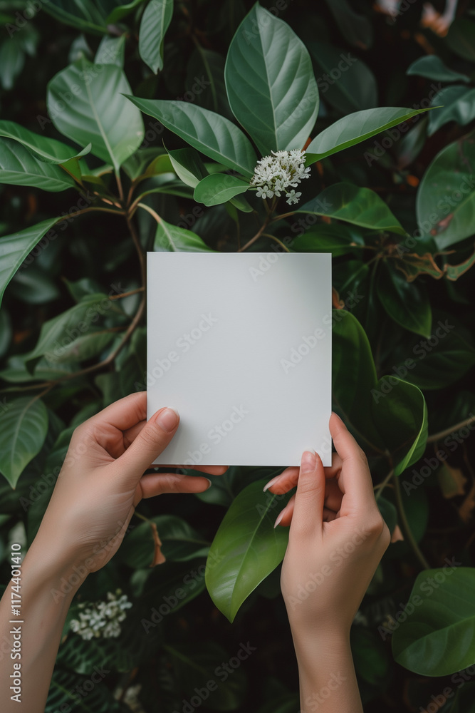 Woman's hand holding blank white square paper for custom design display Woman's hand holding blank white square paper for custom design display