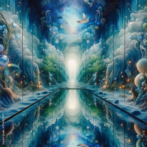 A mirrored space reflecting a magical river with flowing water m
