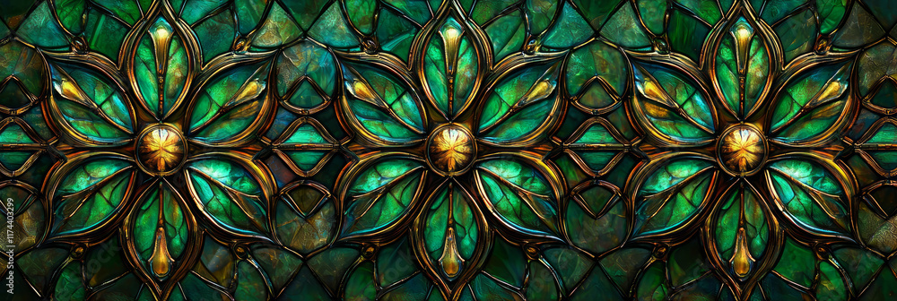 A pattern of emerald green and gold, flower-shaped stained glass windows, generative AI A pattern of emerald green and gold, flower-shaped stained glass windows, generative AI