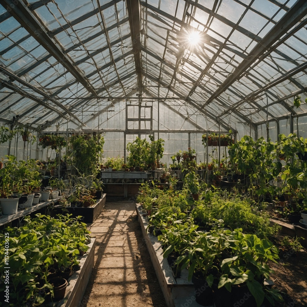 A solar-powered greenhouse filled with greenery. A solar-powered greenhouse filled with greenery.