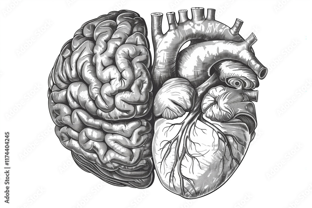 Fototapeta premium hand drawing human brain and heart ink sketch. Engraving style vector illustration