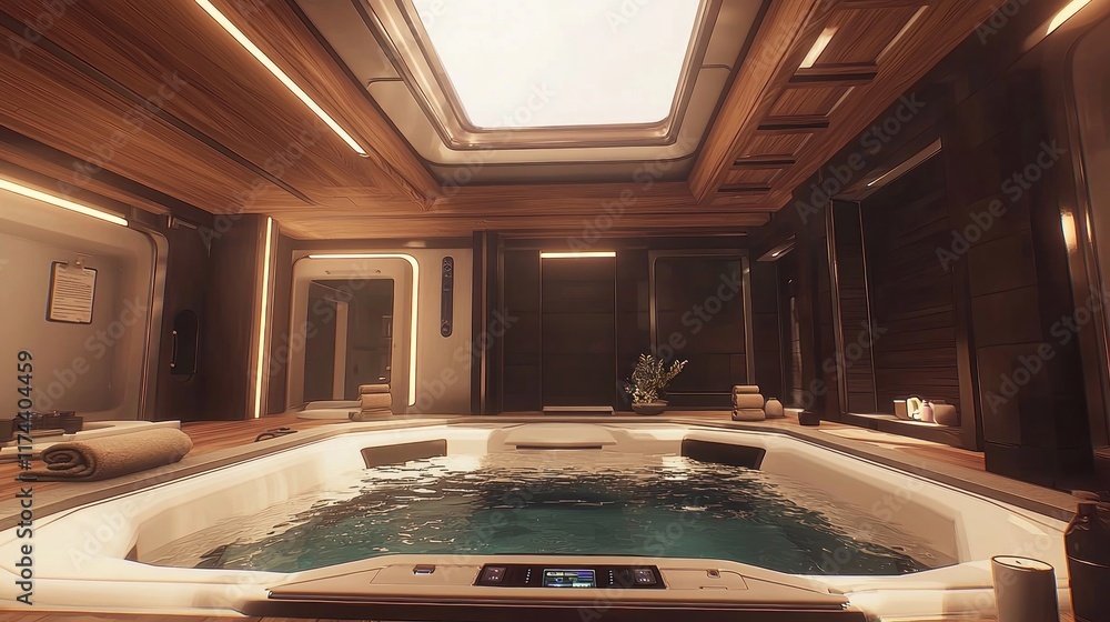 Modern spa interior featuring a hot tub and wooden decor. Modern spa interior featuring a hot tub and wooden decor.