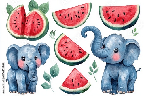 Cute elephants with watermelon slices and leaves in a whimsical, colorful design. photo