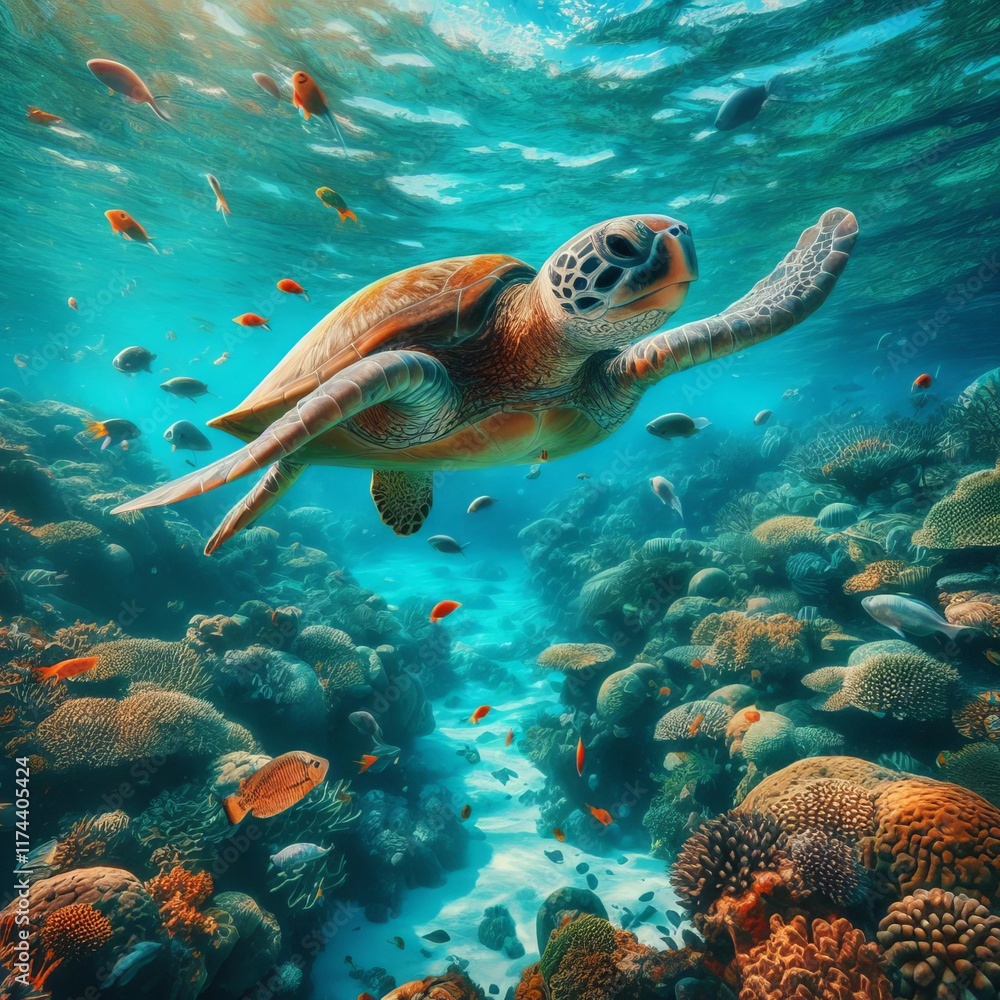 A Sea Turtle Swimming in Crystal Clear Waters A sea turtle grace A Sea Turtle Swimming in Crystal Clear Waters A sea turtle grace