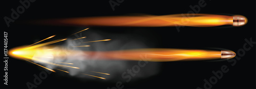 Set illustration of two bullets racing through the air, leaving blazing trails of light and sparks in their wake. The top bullet moves with a smooth, fiery glow, while the bottom bullet releases
