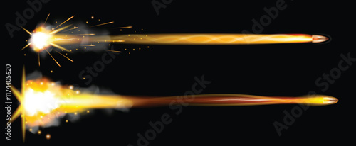 Set illustration of two high-speed bullet trajectories. The bullets are moving through the air, surrounded by fiery streaks and sparks, representing high-speed motion and energy. The top bullet