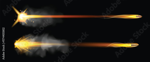 Set illustration of two bullets in motion, captured in different stages of their trajectory. The top bullet features a glowing, fiery trail extending from a brilliant muzzle flash, while the bottom