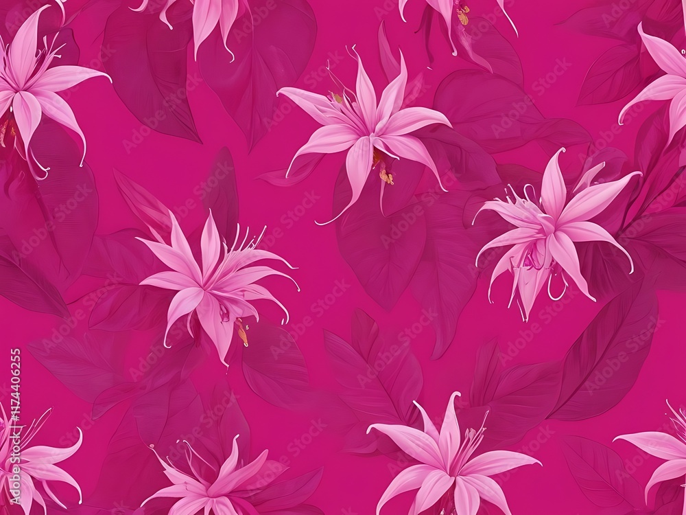Fototapeta premium Minimalistic white background with pink fuchsia flowers bordering the right side flat lay top view