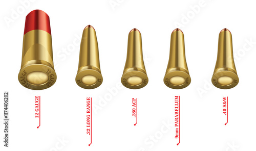 Set illustration of five different types of ammunition. From left to right: 12-gauge shotgun shell, .22 Long Range rifle cartridge, .380 ACP pistol cartridge, 9mm Parabellum, and .40 S&W. 