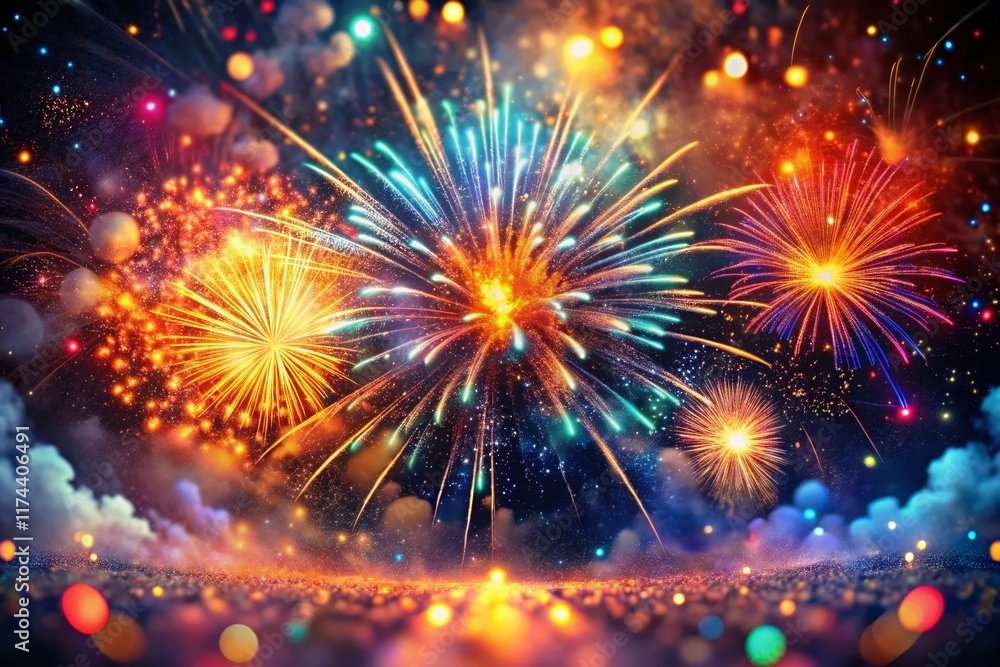 Fototapeta premium Abstract Fireworks Burst: Vibrant Night Sky Celebration, High-Resolution Stock Photo