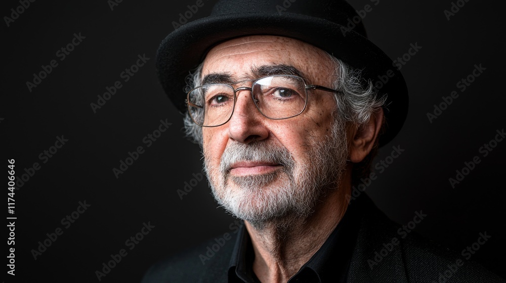 Portrait of an elderly man with glasses and a hat, showcasing wisdom and experience in a dark backdrop Portrait of an elderly man with glasses and a hat, showcasing wisdom and experience in a dark backdrop