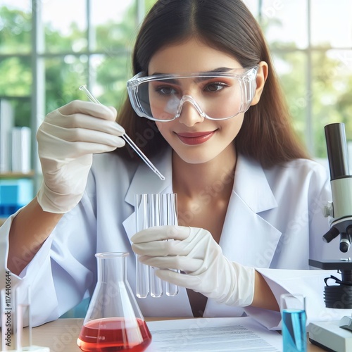 308 Woman scientist with a lab coat and goggles conducting an ex photo