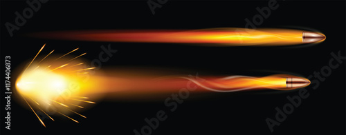 
Set illustration of two bullets in motion, captured with blazing speed. The bullets leave fiery trails behind them, illustrating their rapid movement through space. The top bullet is depicted