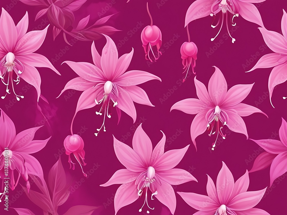 Minimalistic white background with pink fuchsia flowers bordering the right side flat lay top view Minimalistic white background with pink fuchsia flowers bordering the right side flat lay top view
