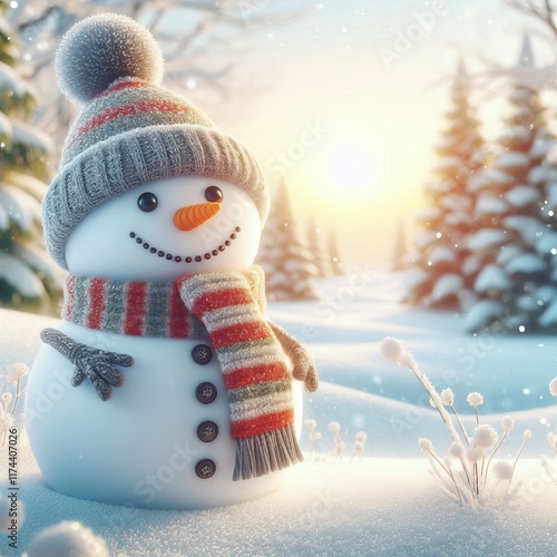 A Snowman Standing in a Winter Wonderland A cheerful snowman sta photo