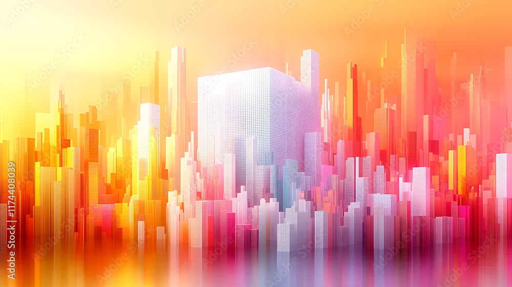 Colorful city skyline at sunset, stylized buildings. Colorful city skyline at sunset, stylized buildings.