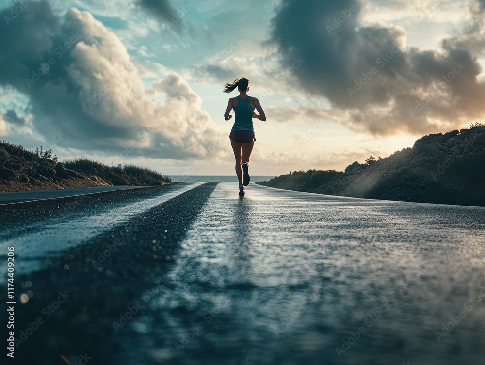 Woman Runs Alone Down Coastal Road at Sunset Woman Runs Alone Down Coastal Road at Sunset