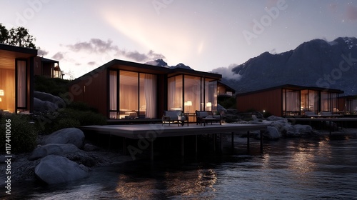 Luxury Waterfront Cabins at Dusk: Scandinavian Design