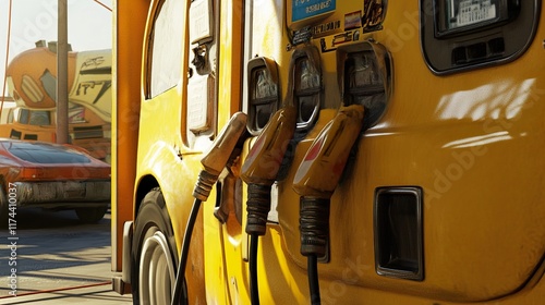 Vintage Gas Station in the Desert: Retro Car and Sunlit Fuel Pump photo