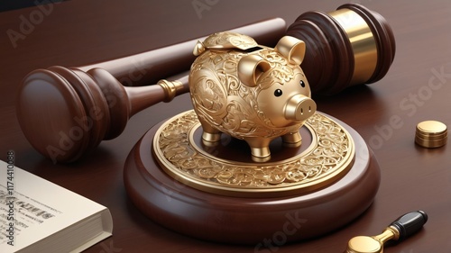 Golden Piggy Bank   Gavel  Legal Finance  Savings  Justice photo