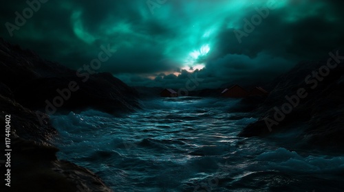 Enigmatic Coastal Scene Under a Teal Aurora