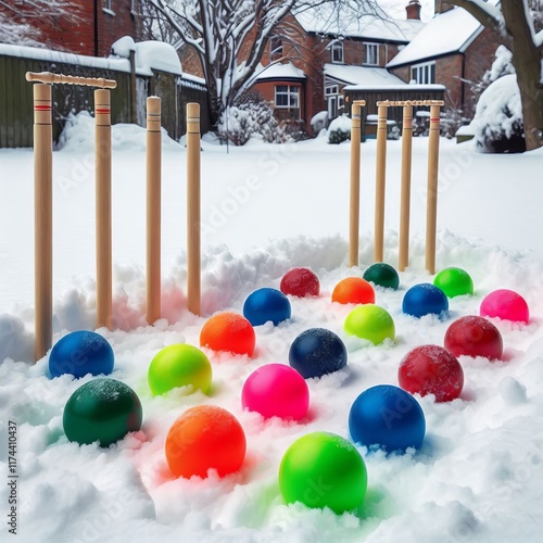 Adapt the traditional lawn game to snowy conditions using bright photo